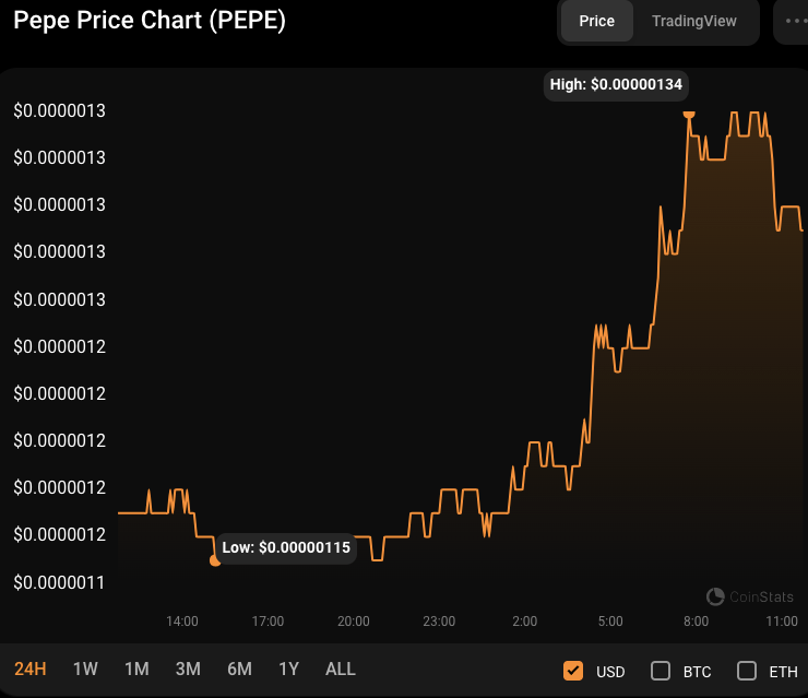 PEPE/USD 24-hour price chart